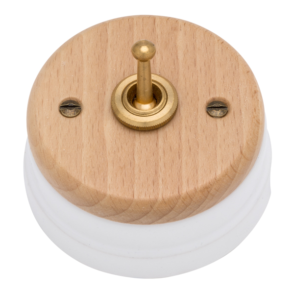 Interruptor latón, madera clara y porcelana