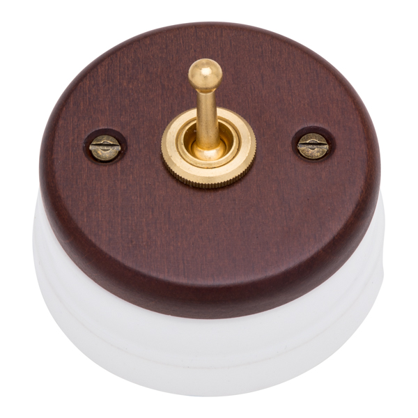 Interruptor latón, madera oscura y porcelana