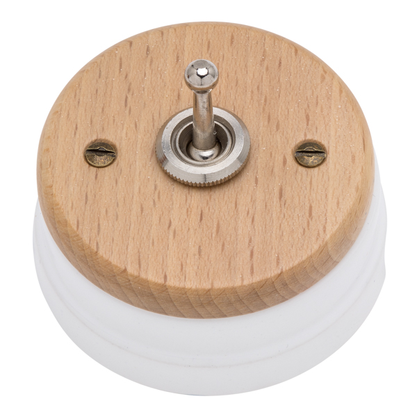 Interruptor níquel, madera clara y porcelana