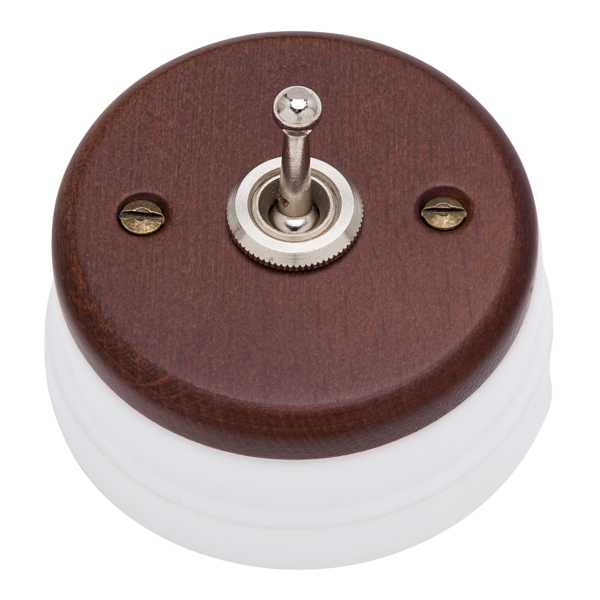 Interruptor níquel, madera oscura y porcelana